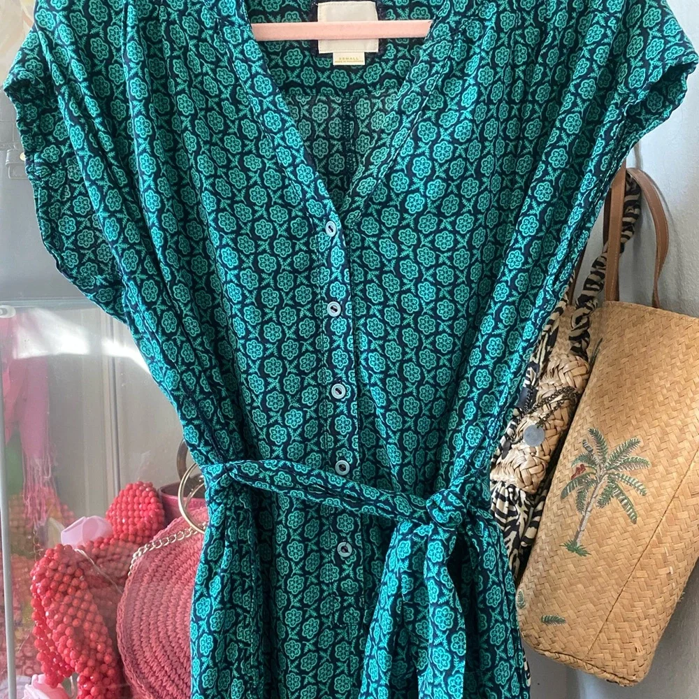 Maeve Anthropologie Jumpsuit Geoscope Beltws Pockets Pull On Green Navy XS - Picture 3 of 16